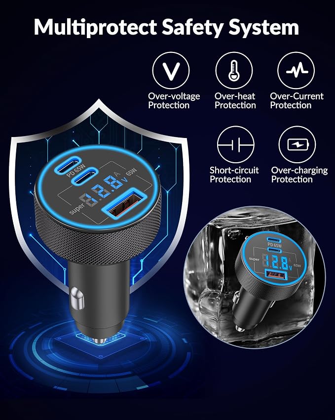 130W 3-Port USB C Super Fast Car Charger (with Voltage Display) for Samsung Galaxy S26/S25/ S24/S23/S22 Ultra/Z Fold/Flip, Android Phone, Type C Car Charger Adapter Accessories + 240W 3FT USB C Cable