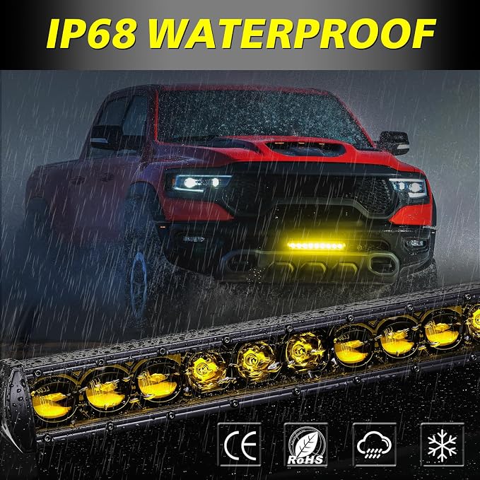 12 Inch Amber Light Bar Kit w/Wiring Harness Black Cover | 63W Powerful OSRAM LED Slim Single Row Light Bar Combo Yellow LED Bumper Lights for UTV ATV SUV Trucks Pickup Can-am Honda