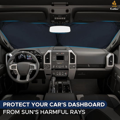 EcoNour Truck Windshield Sun Shade with Storage Pouch | Reflective 240T Material Sun Shield for UV & Heat Protection | Foldable Windshield Cover | Must-Have Truck Accessories | X-Large (69"x35")