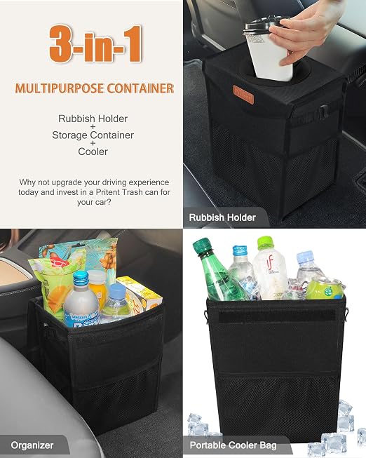 Pritent Car Trash Can with Lid, Cute Leakproof Car Trash Garbage Bag Hanging Vehicle Trash Bin Small Portable Automotive Garbage Cans Organizer for Back/Front Seat(4 Gallons,Black)