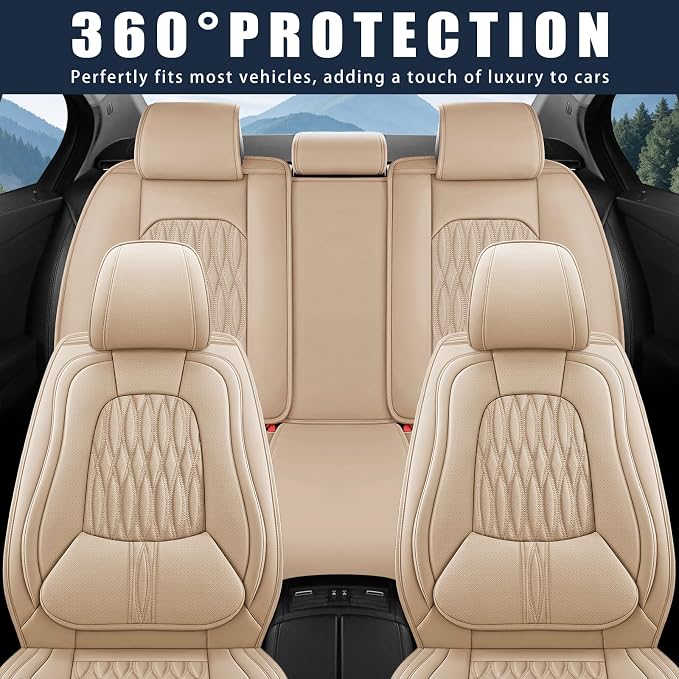 WELLDO Car Seat Covers, 5 Seats, Beige-White | Waterproof, Scratch-Resistant, Breathable & Easy to Clean, Universal Fit for SUV Sedan Truck, Full Set