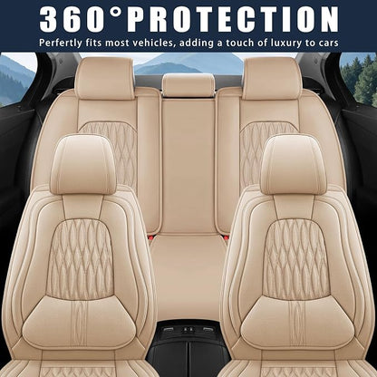 WELLDO Car Seat Covers, 5 Seats, Beige-White | Waterproof, Scratch-Resistant, Breathable & Easy to Clean, Universal Fit for SUV Sedan Truck, Full Set