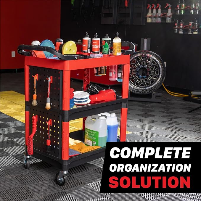 Maxshine Premium Universal Heavy Duty Detailing Cart – 3-Tier Mobile Car Detailing Cart with Locking Casters, Storage Shelves, Brush Holder & Pegboard Organizer – Garage & Mobile Auto Detailing