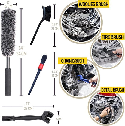 oesee Motorcycle Cleaning Kit 6 Pack Design for Chrome, Woolies Brush, Wool Wash Mitt, Tire&Chain Brush, Detailing Brush& Ultra Plush Towel for Motorcycle& Bike Chrome Painted, Rims, Exhaust, Surface