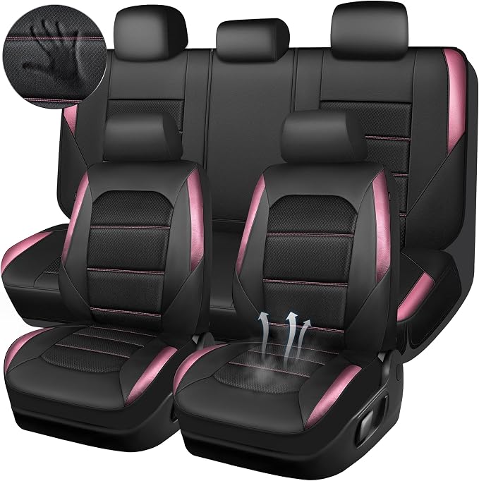 CAR PASS Memory 3D Foam Car Seat Covers Full Set, Breathable Mesh Thick Seat Covers for Car, Pink Metal Film Leather Seat Covers, Universal Automotive Comfort for SUVs Trucks, Black Pink