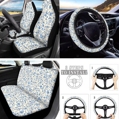 Ditsy Flower Car Seat Covers Set of 10, Universal Blue Spring Wildflower Car Interior Accessories, Rural Flowers Seatbelt Covers Polyester Front Seat Rear Seat Cover