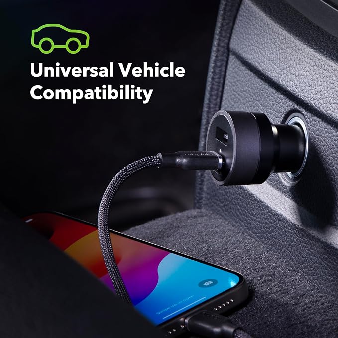 Mophie 42W Dual USB-C + USB-A Car Charger, Universal AUX Compatibility, LED Indicator, Fast Charging, Multi-Device