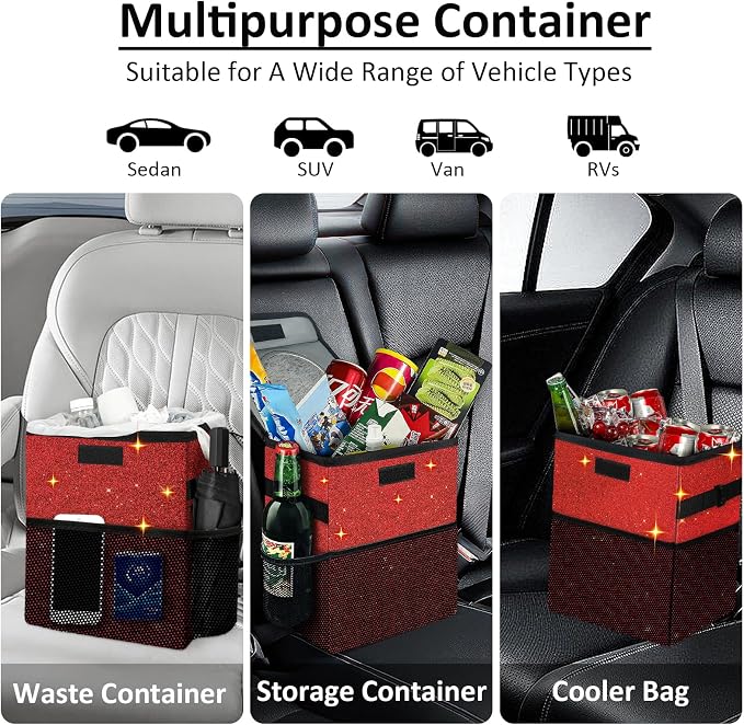 Car Trash Can, Cute Mini Trash Bag With Lid, Glitter Garbage Bin Hanging for Back/Front Seat/Console, Waterproof, Leakproof, 2.5 Gallon, Red Bling Sparkly