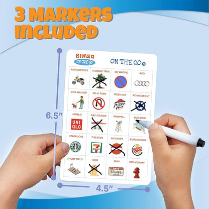 GRANDLMOON 48 Designs 9 Themes Car Bingo and Road Trip Scavenger Hunt Game with 3 Markers for Kids, Fun Travel Activity for Kids Ages 3-8