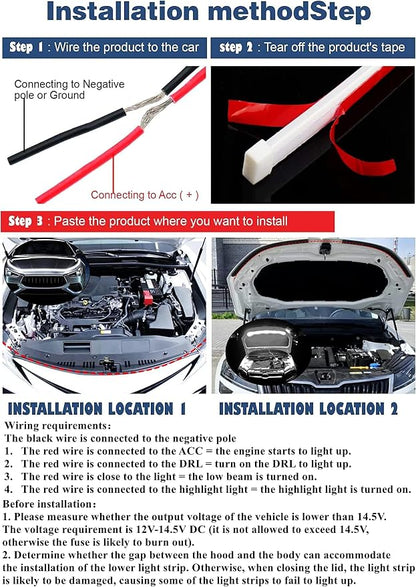 Car LED Hood Light Strip for Cars, SUVs, Trucks, White, 70 Inch | 12V, Flexible Waterproof, Daytime Running Lights, Universal Engine Cover Decoration, Dynamic Scan Start-up Effect