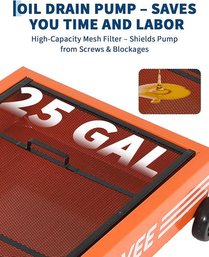 Garvee 25 Gallon Oil Drain Pan, 110V Waste Oil Drain Pan for Oil Change, Steel, 8-8.2 ft Hose& Folding Handle&Rolling Cart, Heavy Duty for Trucks,Orange