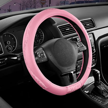 Road Comforts Steering Wheel Cover - Flat Bottom Wheel Cover Made with PVC Leather and Leopard Fabric - Universal Fit for 15-Inch D-Shaped Automotive Steering Wheels (All Pink)