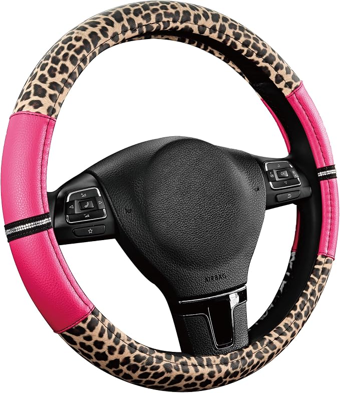 Road Comforts Leopard Steering Wheel Cover for Women, Cute Anti-Slip Microfiber Leather, Universal Fit 14.5-15 Inch Round Steering Wheel - HotPink