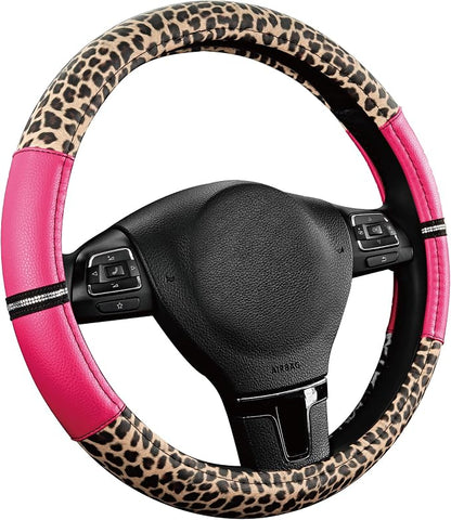 Road Comforts Leopard Steering Wheel Cover for Women, Cute Anti-Slip Microfiber Leather, Universal Fit 14.5-15 Inch Round Steering Wheel - HotPink
