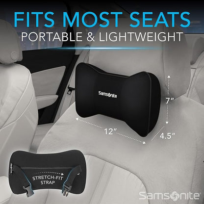 SAMSONITE Travel Neck Pillow – Memory Foam Car Seat Headrest Cushion, Ergonomic Neck Support for Driving, Adjustable, Comfortable Head Rest for Long Trips, Travel Pillow for Cars & Office Chairs