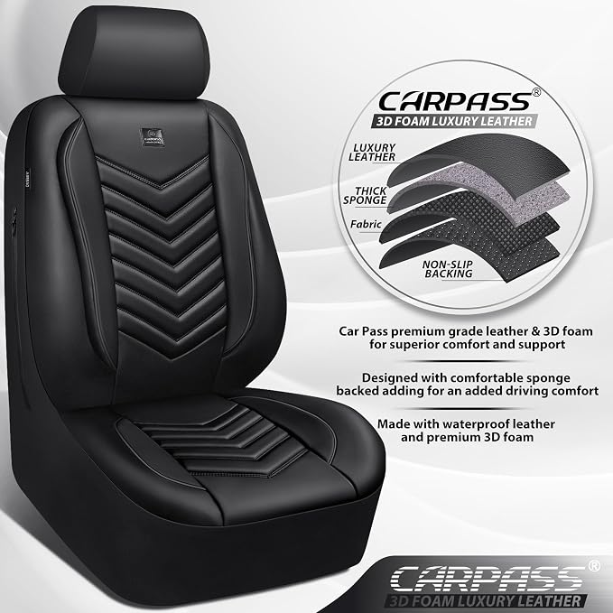 CAR PASS 3D Foam Faux Leather Seat Covers Front Seats,Waterproof Leather Front Seat Cover for Cars,Luxury Universal Fit for SUV Truck Sedan Automotive, Armrest Airbag Compatible Anti-Slip, Black