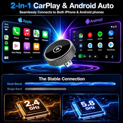Wireless CarPlay Adapter & Android Auto Wireless Adapter, 2026 2-in-1 CarPlay Wireless Adapter for iPhone,Converts Factory Wired CarPlay/Android Auto to Wireless, USB/USB-C Dongle for Cars