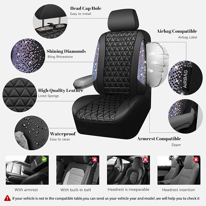 CAR PASS Bling Diamond Black Leather Car Seat Covers Full Set Interior Sets, Waterproof Shining Glitter Sparkly Crystal Armrest Fit Automotive Truck SUV Cute Women Girl, Bedazzed Iridescent Rhinestone