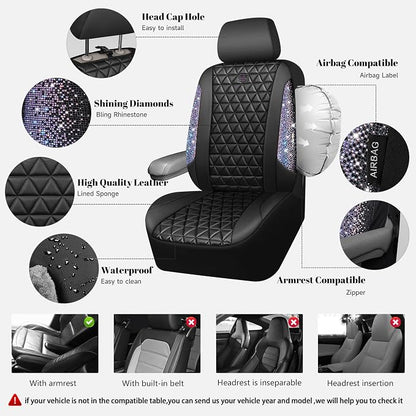 CAR PASS Bling Diamond Black Leather Car Seat Covers Full Set Interior Sets, Waterproof Shining Glitter Sparkly Crystal Armrest Fit Automotive Truck SUV Cute Women Girl, Bedazzed Iridescent Rhinestone