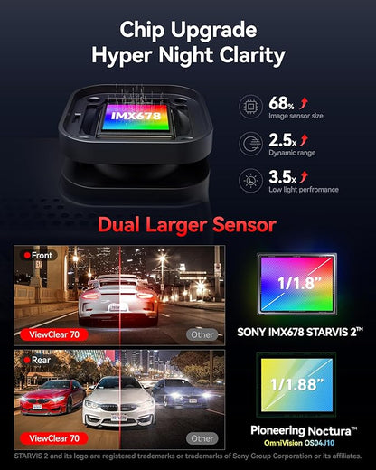REDTIGER VC70 4K+2.5K Dash Cam Front and Rear, 8MP STARVIS 2 IMX678 Sensor, Dual HDR Hyper Night Clarity, 5.8GHz WiFi 6, 30MB/S Fast Download, Dash Camera with 24H Parking Monitor, 128G Card Included