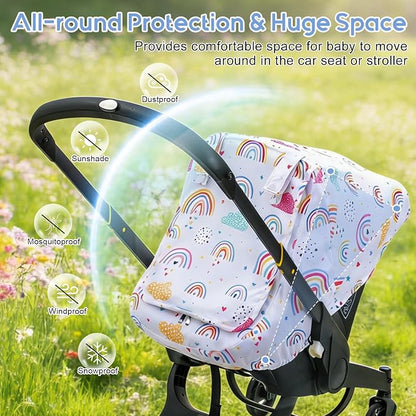Car Seat Cover Baby Girls, Infant Car Seat Cover for Outdoor, Breathable Carseat Cover with Privacy Sun Shade & Mesh Window for Summer, Easy Access Baby Carrier Cover Fit Baby Stroller