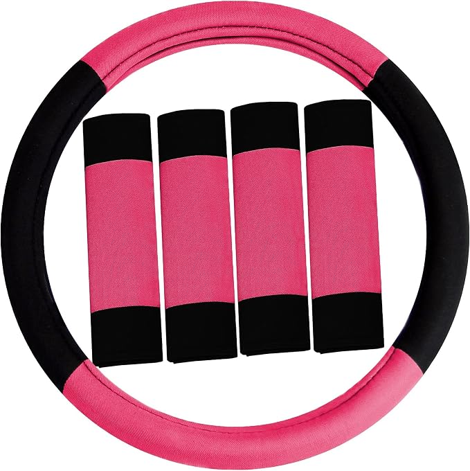FH Group Car Seat Covers Combo Full Set with Carpet Floor Mats Steering Wheel Cover and Seat Belt Pads- Universal Fit for Cars Trucks and SUVs Pink