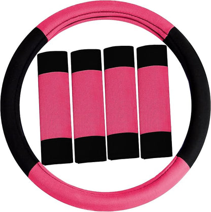 FH Group Car Seat Covers Combo Full Set with Carpet Floor Mats Steering Wheel Cover and Seat Belt Pads- Universal Fit for Cars Trucks and SUVs Pink