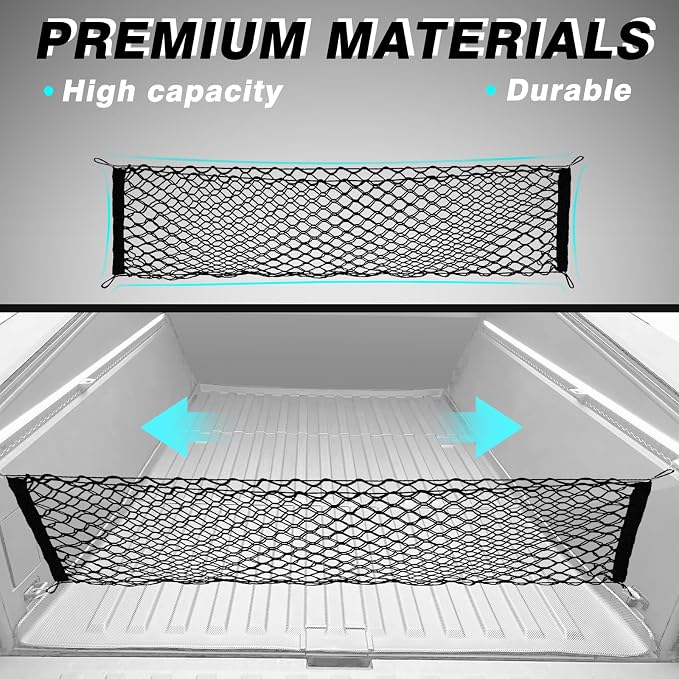 BestEvMod Envelope Style Cargo Net for Pickup Truck Bed Fit for Tesla Cybertruck 2026 2025 2024 Extra Strong Hook Stretchable Trunk Cargo Organizer with 2 L Track Hooks (Metal Hooks, Stand Envelope)