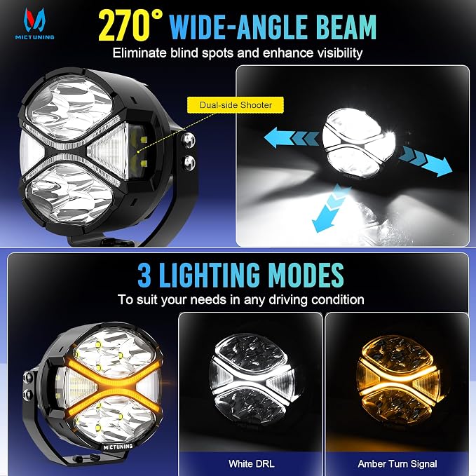MICTUNING K6 4 Inch 160W LED Light Pods, Offroad Round Driving Light with Amber DRL, 270° Wide Range Super Bright Side Shooter White Hyper Spot Beam Universal Lights with Black Cover, Pair