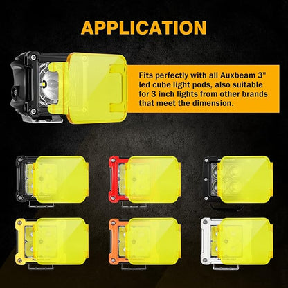 Auxbeam FA Series Amber Light Covers, 3 Inch Square LED Pods Cover, Amber Fog Filter, Yellow Tint Color Lens, Cube Offroad Light Lens Cap, Snap-on Design, 2 Packs