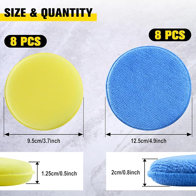 Microfiber Wax Applicator Pads, 16 PCS Car Wax Applicator Pad, Round Foam Applicator Pads, Polishing Sponges Applicator for Car Detail Polishing, Buffing, and Cleaning (5" Blue, 4" Yellow)
