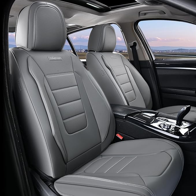 Coverado Front Seat Covers, Car Seat Cover, Gray Seat Covers for Cars, Car Seat Protector, 2PCS Waterproof Faux Leather Car Seat Cushion, Luxury Seat Cushions, Auto Seat Covers Fit for Most Vehicles