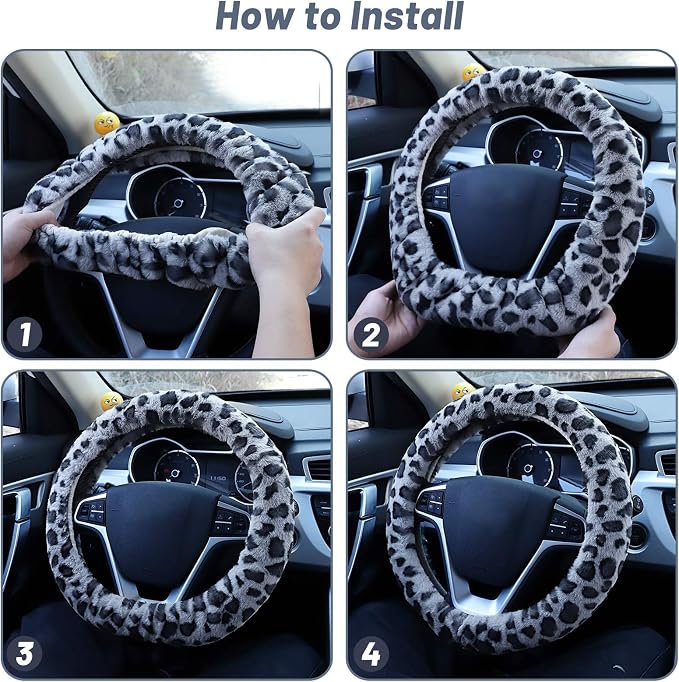Fuzzy Steering Wheel Cover for Women Girls, Accmor Universal Fit Fur Car Wheel Cover & Handbrake Cover & Gear Shift Cover Set, Leopard Winter Warm Fluffy Vehicle Wheel Protector for Auto, SUV