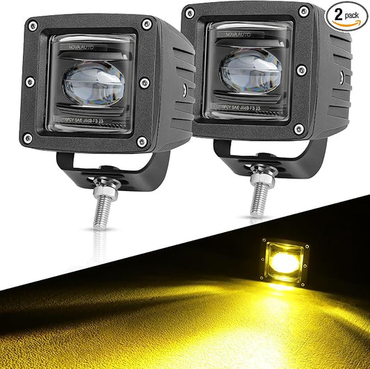 OFFROADTOWN Fog Lights 3'' SAE Yellow LED Pods DOT Approved Driving Lights Cut-Off Beam Amber Square LED Cubes Work Light for Truck Pickup SUV Car Motorcycle