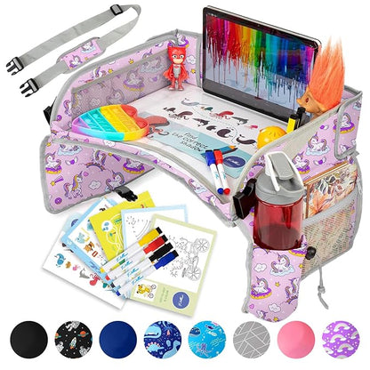 PILLANI Kids Travel Tray for Car - Carseat Tray for Toddler, Road Trip Must Haves with Cup Holder & Drawing Board - Toddler Airplane Travel Essentials for Girls - Car Accessories for Kids