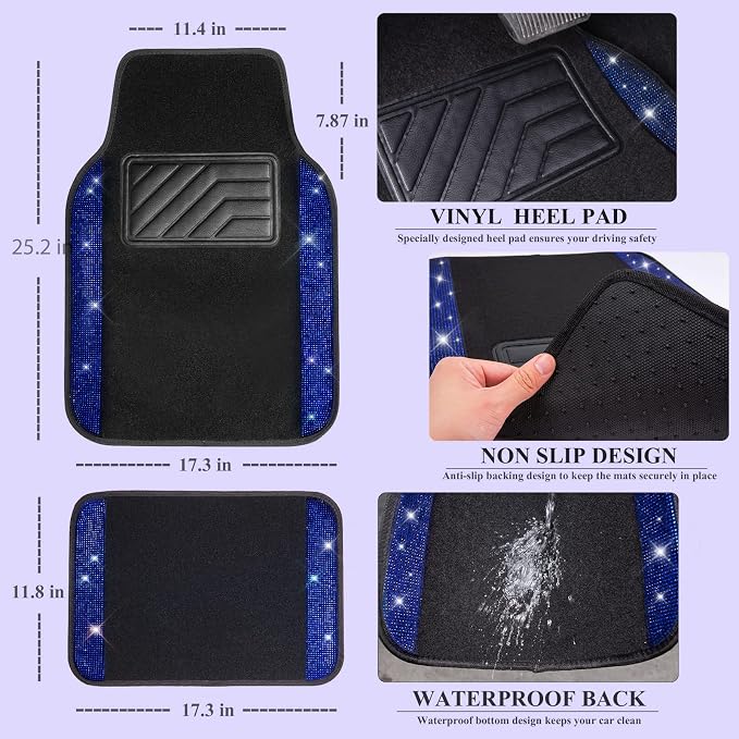 CAR PASS Bling Diamond Car Seat Covers Blue Rhinestone Black Leather Shining Car Floor Mats Carpet with Anti-Slip Nibs Shining Car Accessories Sets Glitter Sparkly Crystal Universal Fit for Girl Women