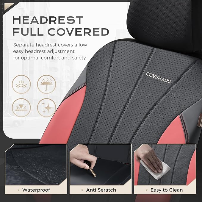 Coverado Car Seat Covers， 2 Front Seats Waterproof Nappa Leather Automotive Seat Protectors, Front Luxury Mesh Seat Covers, All-Weather Universal Fit for Most Cars SUVs, Trucks,Red&Black