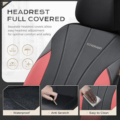 Coverado Car Seat Covers， 2 Front Seats Waterproof Nappa Leather Automotive Seat Protectors, Front Luxury Mesh Seat Covers, All-Weather Universal Fit for Most Cars SUVs, Trucks,Red&Black