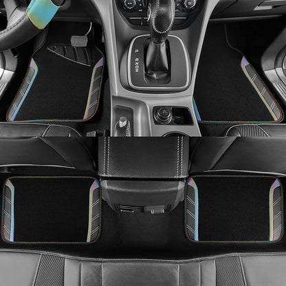 CAR PASS Leather Steering Wheel Cover and Waterproof Car Floor Mats,Microfiber Universal Car Combo Fit for 95% Sedan,SUV,Cars,14.5-15inch Sporty Anti-Slip Safety Comfortable Design(Black＆Reflective)