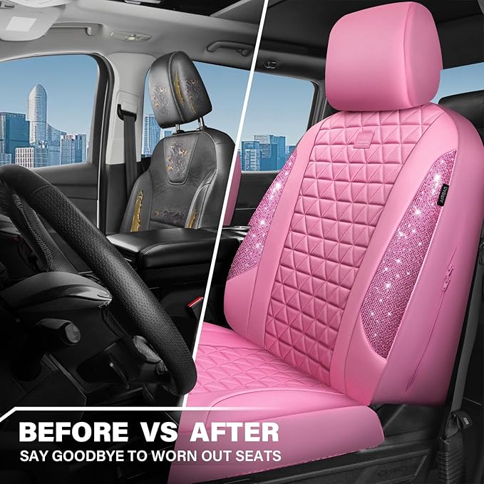 CAR PASS Bling Diamond Pink Leather Car Seat Covers for 2 Front Seats Protector, Waterproof Shining Glitter Sparkly Crystal Universal Armrest Fit Automotive Truck SUV Cute Women Girl, Pink Rhinestone