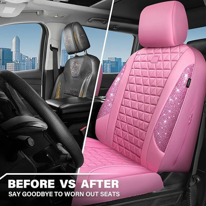 CAR PASS Bling Diamond Pink Leather Car Seat Covers for 2 Front Seats Protector, Waterproof Shining Glitter Sparkly Crystal Universal Armrest Fit Automotive Truck SUV Cute Women Girl, Pink Rhinestone