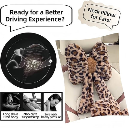 Car Neck Pillow 2PCS Plush Bowknot Car Headrest Pillow – Comfortable Neck Support for Driving Soft Touch Fabric Car Pillow Cute Interior Decor (Leopard Set 4Pcs)