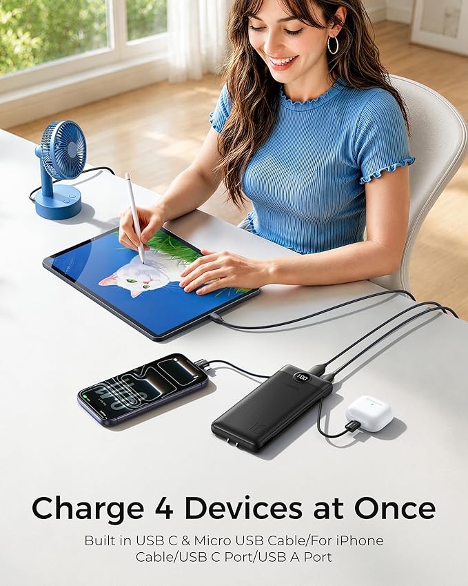 VEGER Portable Charger Power Bank with Built-in AC Plug and Cables, All in One 10000mAh Ultra Slim Travel Essentials, Fast Charging Battery Pack Compatible with iPhone, Samsung, Android, Black