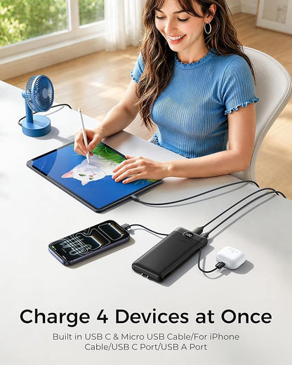 VEGER Portable Charger Power Bank with Built-in AC Plug and Cables, All in One 10000mAh Ultra Slim Travel Essentials, Fast Charging Battery Pack Compatible with iPhone, Samsung, Android, Black