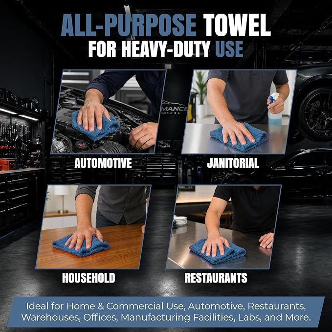 Shop Towels (Blue, 100-Pack) - Bulk Cleaning Towel in a Bag, Mechanic Cotton Wipes for Car Maintenance, Auto Mechanics & Garage, Wipe Grease & Oil, Machine Wash & Reusable