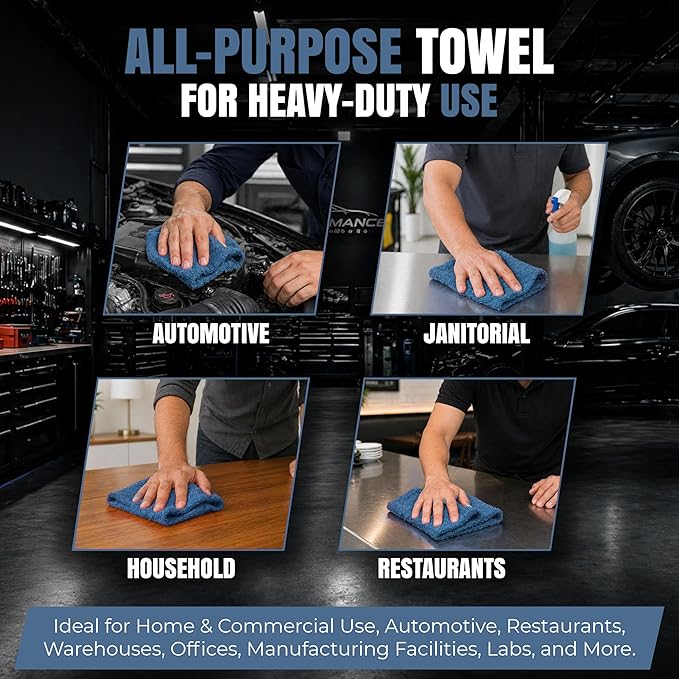 Shop Towels (Blue, 150-Pack) - Bulk Cleaning Towel in a Bag, Mechanic Cotton Wipes for Car Maintenance, Auto Mechanics & Garage, Wipe Grease & Oil, Machine Wash & Reusable