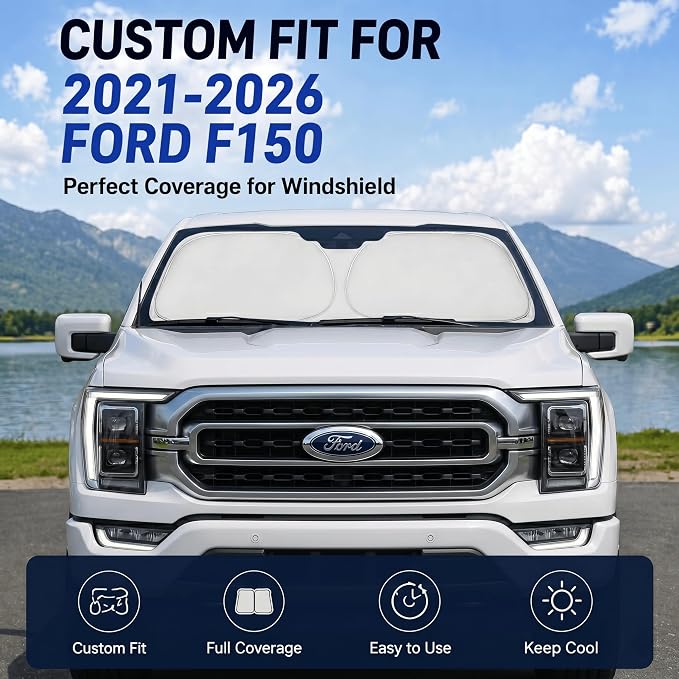 Custom Fit Windshield Sun Shade for Ford F150 F250 F350 2021-2026 | Custom Fit Windshield Cover, Blocks UV Rays, Double-Layer Heat Shield, Durable Frame, Easy Storage