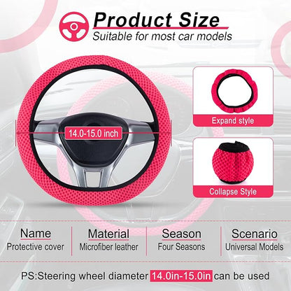 Alpmosn Elastic Stretch Steering Wheel Cover, Universal Interior Accessories Steering Wheel Cover for Women & Men, Breathable Microfiber Ice Silk, Anti-Slip, Odorless, Easy Carry(Rose Red)