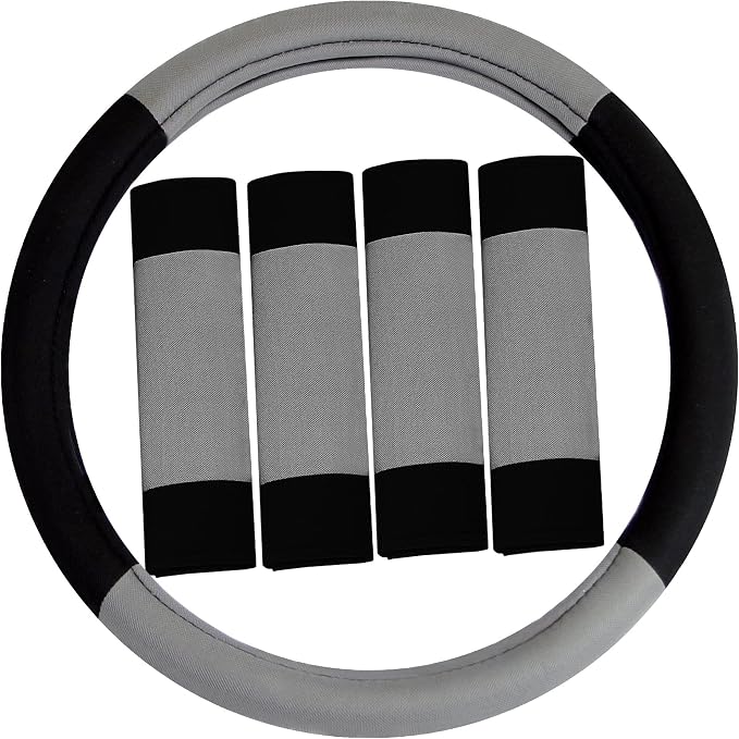 FH Group Car Seat Covers Combo Full Set with Carpet Floor mats Steering Wheel Cover and Seat Belt Pads- Universal Fit for Cars Trucks and SUVs (Gray)