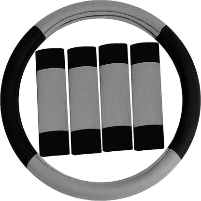 FH Group Car Seat Covers Combo Full Set with Carpet Floor mats Steering Wheel Cover and Seat Belt Pads- Universal Fit for Cars Trucks and SUVs (Gray)